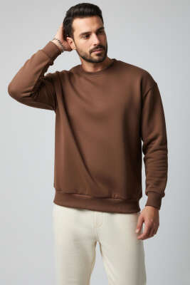 Basic Bisiklet Yaka Erkek Sweatshirt Kahve - WİPEOUT