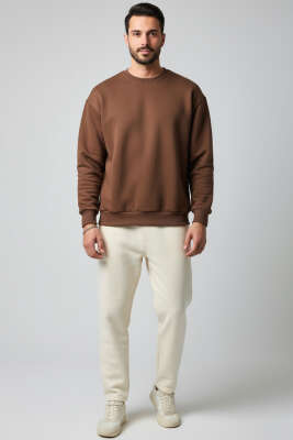 Basic Bisiklet Yaka Erkek Sweatshirt Kahve - Erkek Sweatshirt