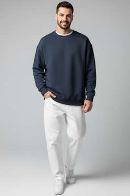 Basic Bisiklet Yaka Erkek Sweatshirt Lacivert - Erkek Sweatshirt