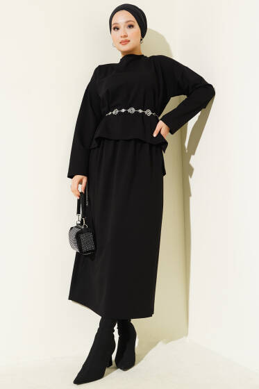 Basic Bisiklet Yaka Etekli İkili Takım Siyah - İkili Takım