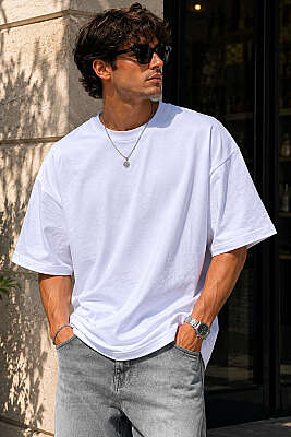 Basic Bisiklet Yaka Oversize Erkek T-shirt Beyaz - FRESHMAN