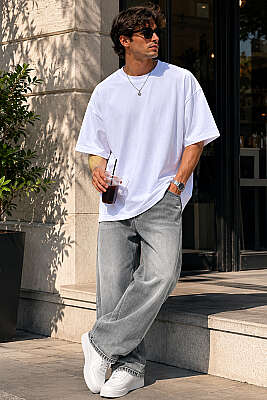 Basic Bisiklet Yaka Oversize Erkek T-shirt Beyaz - Erkek T-shirt