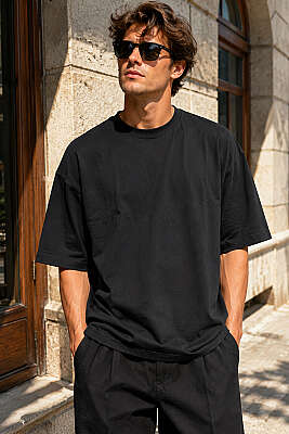 Basic Bisiklet Yaka Oversize Erkek T-shirt Siyah - FRESHMAN