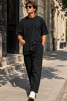 Basic Bisiklet Yaka Oversize Erkek T-shirt Siyah - Erkek T-shirt