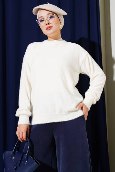 Basic Bisiklet Yaka Sakallı Kazak Ekru - Triko Kazak