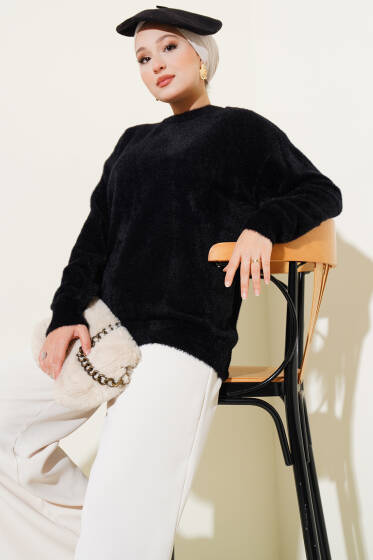 Basic Bisiklet Yaka Sakallı Kazak Siyah - Triko Kazak