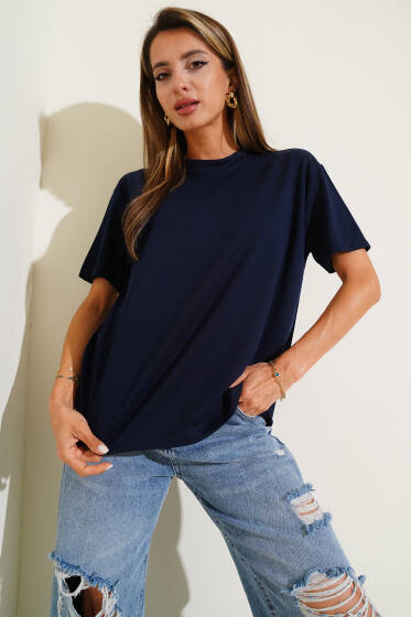 Basic Bisiklet Yaka T-shirt Lacivert - Kadın Giyim Modelleri