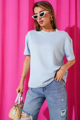 Basic Bisiklet Yaka T-shirt Mavi - Kadın Giyim Modelleri