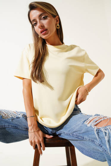 Basic Bisiklet Yaka T-shirt Sarı - Yılın Fırsatı
