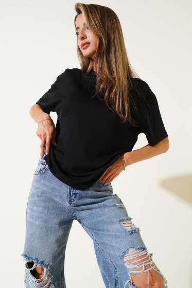 Basic Bisiklet Yaka T-shirt Siyah - Kadın Giyim Modelleri
