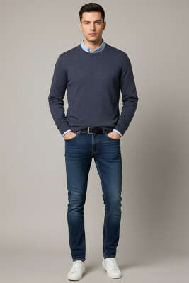 Basic Bisiklet Yaka Triko Erkek Kazak İndigo - Erkek Kazak