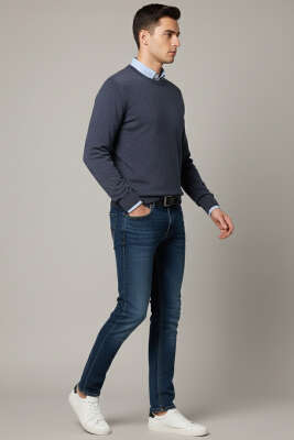 Basic Bisiklet Yaka Triko Erkek Kazak İndigo - Erkek Kazak