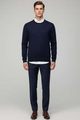 Basic Bisiklet Yaka Triko Erkek Kazak Lacivert - Erkek Kazak