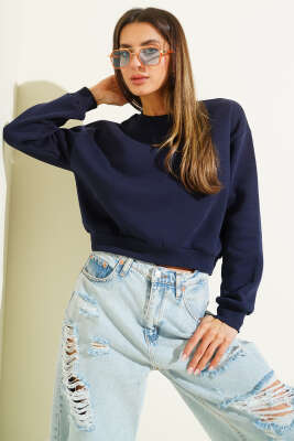 Basic Bisiklet Yaka Üç İp Sweatshirt Lacivert - Kadın Giyim Modelleri