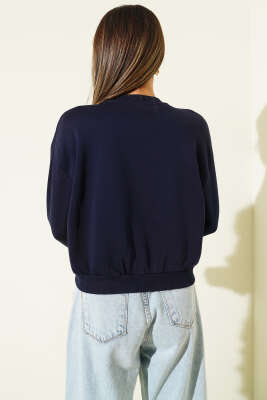 Basic Bisiklet Yaka Üç İp Sweatshirt Lacivert - Kadın Giyim Modelleri