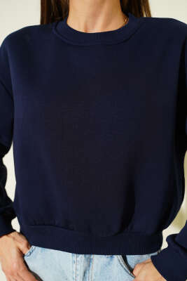 Basic Bisiklet Yaka Üç İp Sweatshirt Lacivert - Kadın Giyim Modelleri