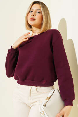 Basic Bisiklet Yaka Üç İp Sweatshirt Mürdüm - Kadın Giyim Modelleri