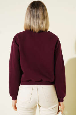 Basic Bisiklet Yaka Üç İp Sweatshirt Mürdüm - Kadın Giyim Modelleri