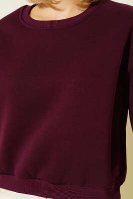 Basic Bisiklet Yaka Üç İp Sweatshirt Mürdüm - Kadın Giyim Modelleri