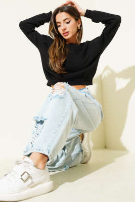 Basic Bisiklet Yaka Üç İp Sweatshirt Siyah - ADYES