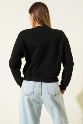 Basic Bisiklet Yaka Üç İp Sweatshirt Siyah - Kadın Giyim Modelleri