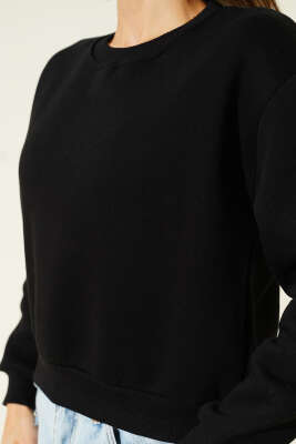 Basic Bisiklet Yaka Üç İp Sweatshirt Siyah - Kadın Giyim Modelleri