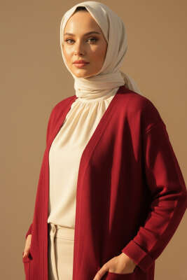 Basic Çift Cepli Uzun Triko Hırka Bordo - 500-700 TL Ürünler