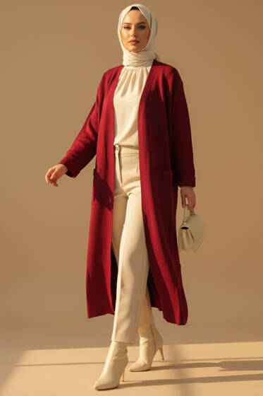 Basic Çift Cepli Uzun Triko Hırka Bordo - Hırka