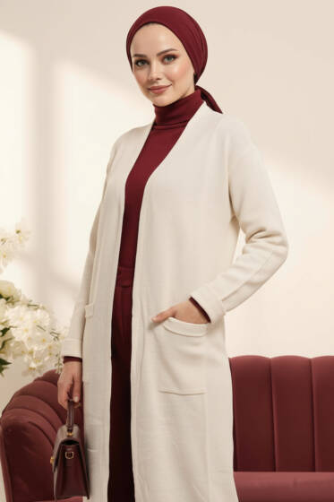 Basic Çift Cepli Uzun Triko Hırka Ekru - Hırka