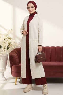 Basic Çift Cepli Uzun Triko Hırka Ekru - Hırka