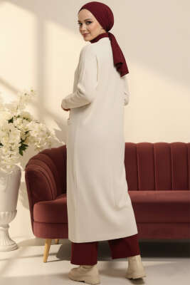 Basic Çift Cepli Uzun Triko Hırka Ekru - Hırka