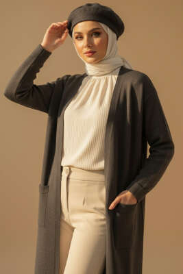 Basic Çift Cepli Uzun Triko Hırka Füme - 500-700 TL Ürünler