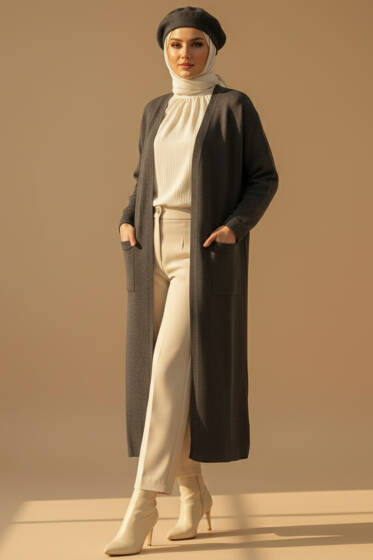 Basic Çift Cepli Uzun Triko Hırka Füme - Hırka