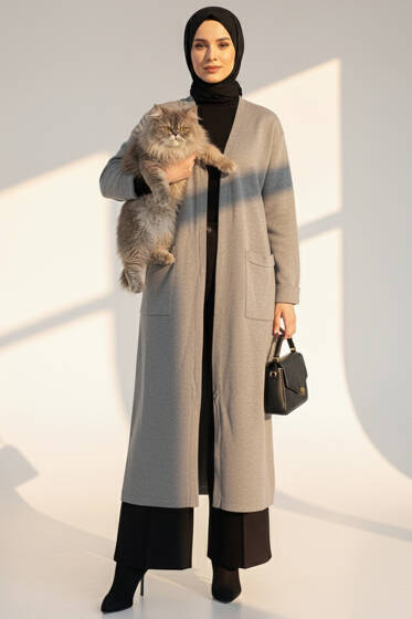 Basic Çift Cepli Uzun Triko Hırka Gri - Hırka