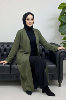 Basic Çift Cepli Uzun Triko Hırka Haki - 500-700 TL Ürünler