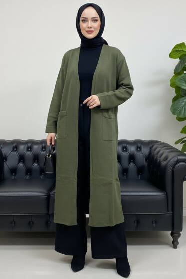 Basic Çift Cepli Uzun Triko Hırka Haki - Hırka