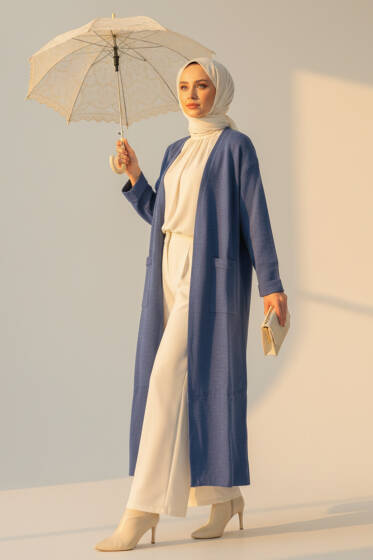 Basic Çift Cepli Uzun Triko Hırka İndigo - Hırka