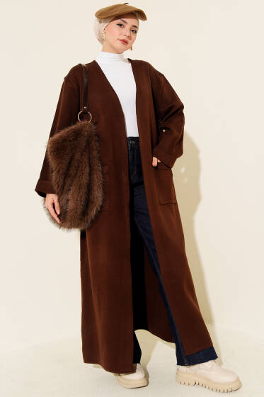 Basic Çift Cepli Uzun Triko Hırka Kahve - Hırka