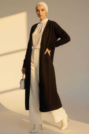 Basic Çift Cepli Uzun Triko Hırka Siyah - Hırka