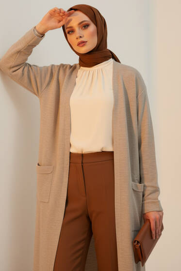 Basic Çift Cepli Uzun Triko Hırka Vizon - Hırka