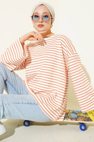 Basic Çizgi Detaylı Tunik Oranj - Tunik