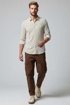 Basic Çizgili Erkek Gömlek Bej - Erkek Gömlek