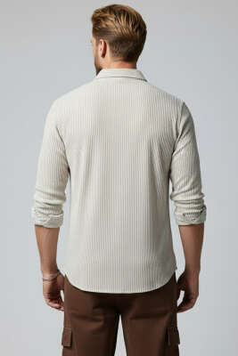 Basic Çizgili Erkek Gömlek Bej - Erkek Gömlek