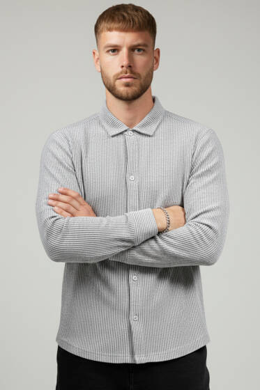 Basic Çizgili Erkek Gömlek Füme - Erkek Gömlek