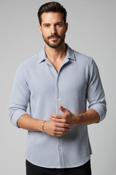 Basic Çizgili Erkek Gömlek İndigo - Erkek Gömlek