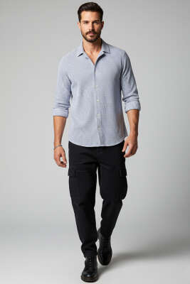 Basic Çizgili Erkek Gömlek İndigo - Erkek Gömlek