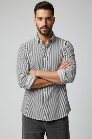 Basic Çizgili Erkek Gömlek Lacivert - Erkek Gömlek