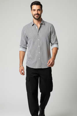 Basic Çizgili Erkek Gömlek Siyah - Erkek Gömlek