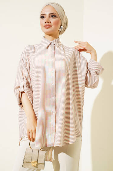 Basic Çizgili Oversize Gömlek Bej - Gömlek