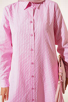 Basic Çizgili Uzun Tunik Pembe - Tunik